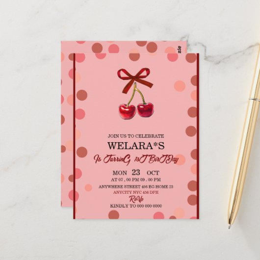 編集可能なチェリー 1歳 誕生日 招待状 テンプレート (正面/裏面インサイチュ)