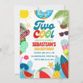 編集可能なツー クール プール パーティー ビーチ 2歳の誕生日 招待状 (正面)