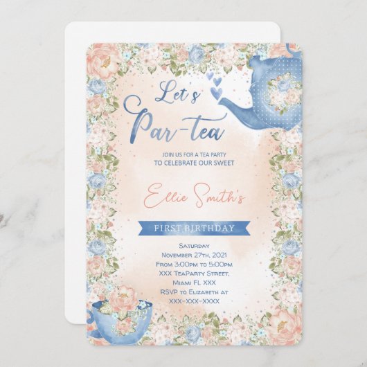 編集可能なティーパーティーの招待状 招待状 (正面/裏面)