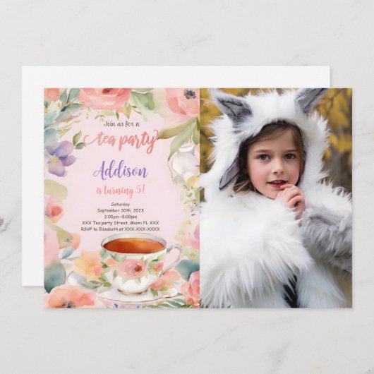 編集可能なティーパーティー誕生日パーティーの写真 招待状 (正面/裏面)