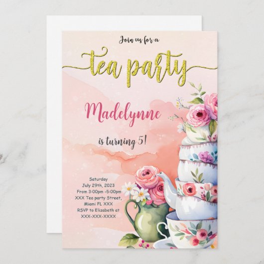 編集可能なティーパーティー誕生日パーティー 招待状 (正面/裏面)