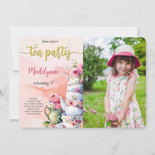 編集可能なティーパーティー誕生日写真 招待状 (正面)
