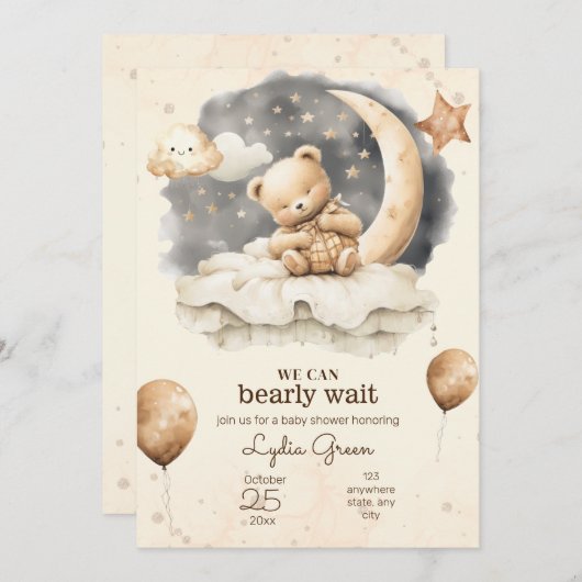 編集可能なテディベアの赤ちゃんシャワー男女兼用 招待状 (正面/裏面)