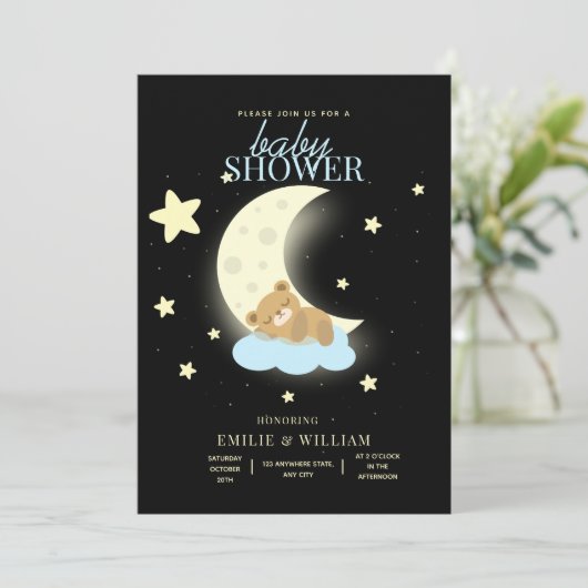 編集可能なテディベア赤ちゃんシャワーが心待ちできる 招待状 (スタンド正面)