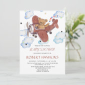 編集可能なテディベア飛行機ベビーシャワー 招待状 (スタンド正面)