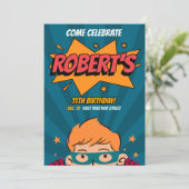 編集可能なテンプレート Comic Style スーパーヒーロー 誕生日 招待状 (スタンド正面)