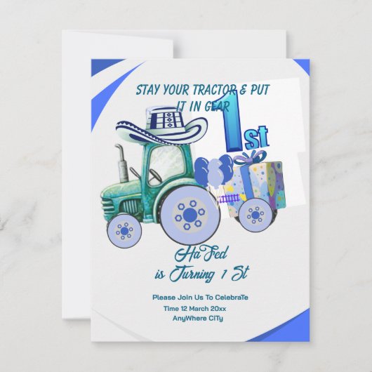 編集可能なトラクターの誕生日招待状、緑のトラクター 招待状 (正面)