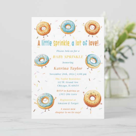編集可能なドーナツ男の子ベイビースプリンクル 招待状 (スタンド正面)