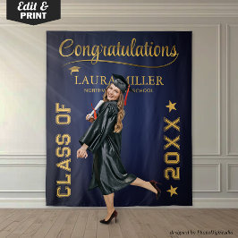 編集可能なネイビー＆ゴールドの卒業写真用背景 タペストリー