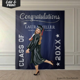 編集可能なネイビー＆シルバー卒業写真用背景 タペストリー
