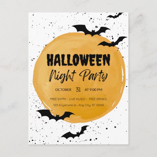 編集可能なハロウィンパーティーの招待状 黒いコウモリ シーズンポストカード (正面)