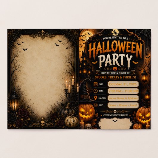 編集可能なハロウィンパーティー招待状 | ゴシックパンプキン 箔カード (内部)