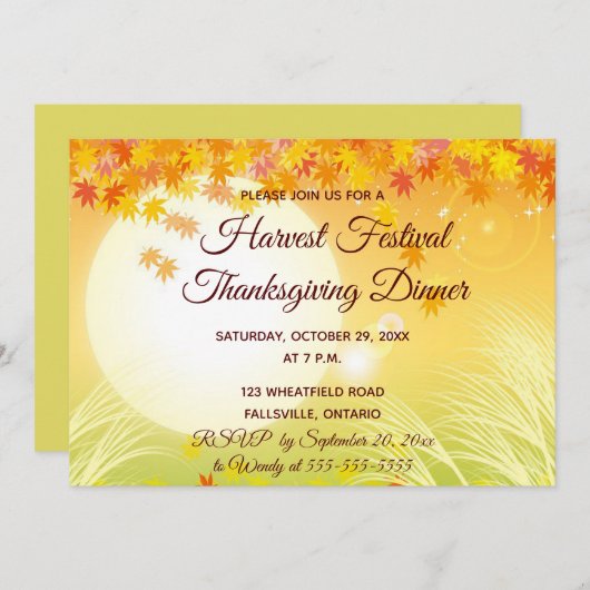 編集可能なハーベストフェスティバル感謝祭の食事 招待状 (正面/裏面)