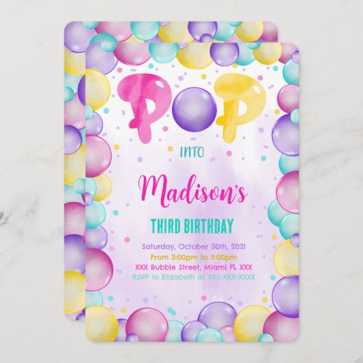 編集可能なバブル 誕生日招待状 招待状 (正面/裏面)