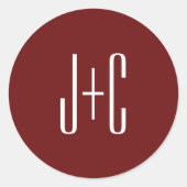 編集可能なバーガンディレッドの背景 & 白いテキスト ラウンドシール (正面)