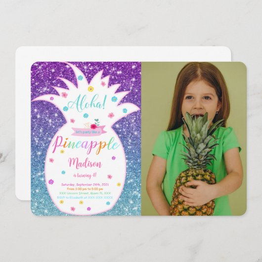 編集可能なパイナップルの誕生日写真招待状 招待状 (正面/裏面)