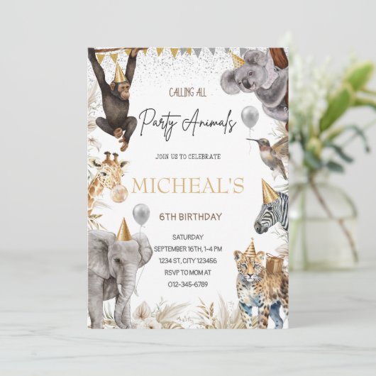 編集可能なパーティー動物の招待状 サファリ誕生日 招待状