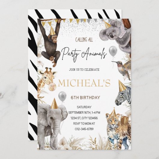編集可能なパーティー動物の招待状 サファリ誕生日 招待状 (正面/裏面)