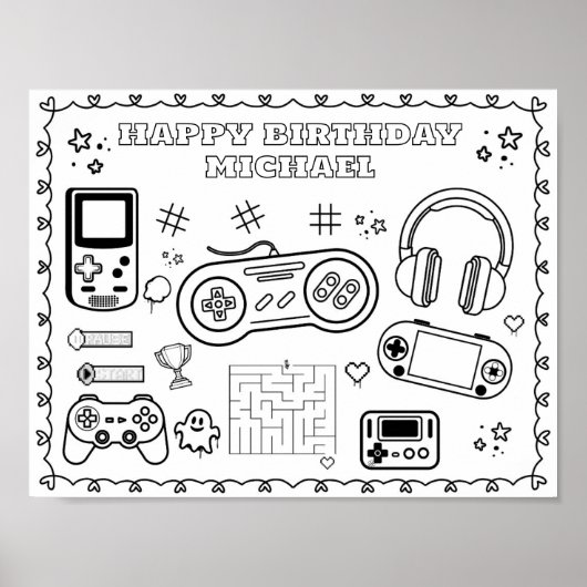 編集可能なビデオゲームの誕生日ぬりえマット ポスター (正面)