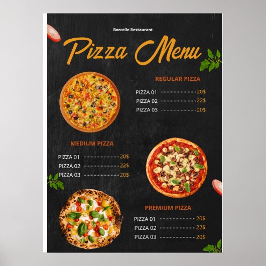 編集可能なピザ メニュー Pizzaria レストラン メニュー ポスター (正面)