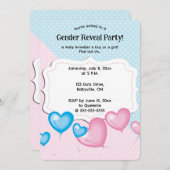 編集可能なピンクとブルーの水玉模様のジェンダー発表 招待状 (正面/裏面)