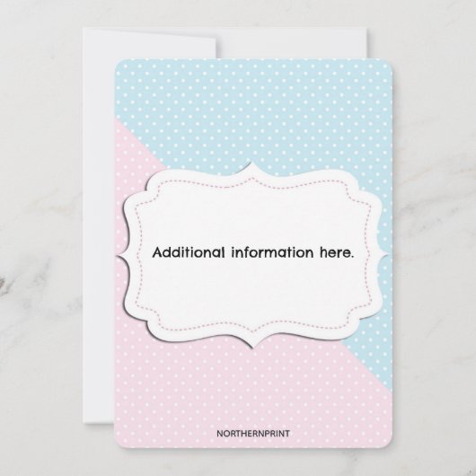 編集可能なピンクとブルーの水玉模様のジェンダー発表 招待状 (裏面)