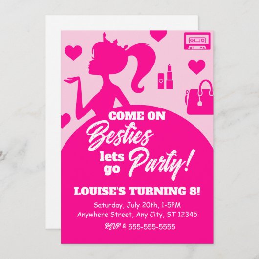 編集可能なピンクのドール ガール ファッション パーティー 誕生日 招待状 (正面/裏面)