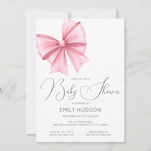 編集可能なピンクの蝶結び コケッティー招待状 招待状 (正面)