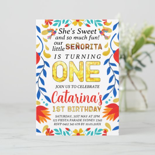 編集可能なフィエスタ1歳誕生日、シンコ・デ・マヨパーティー 招待状 (スタンド正面)