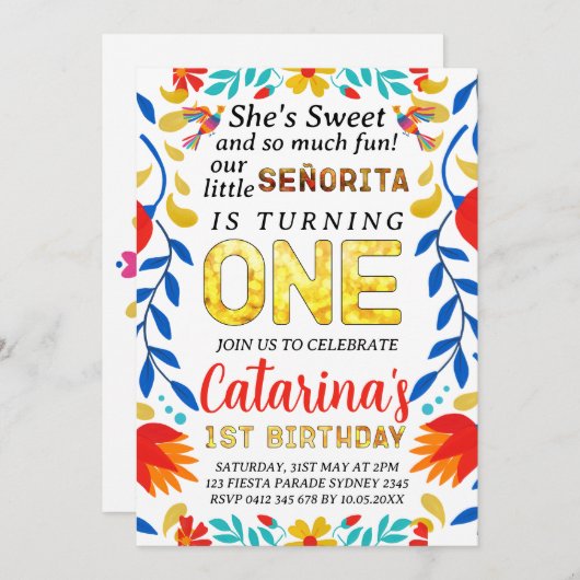 編集可能なフィエスタ1歳誕生日、シンコ・デ・マヨパーティー 招待状 (正面/裏面)
