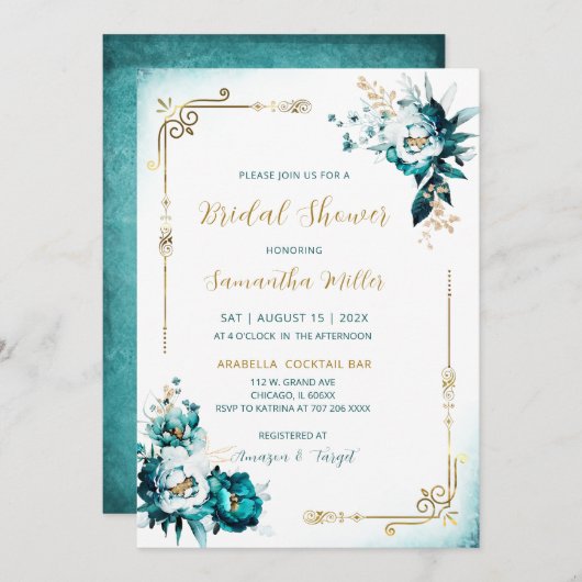 編集可能なブライダルシャワーティール(緑がかった色)と金ゴールド 招待状 (正面/裏面)