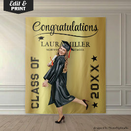 編集可能なブラックとゴールドの卒業写真用背景 タペストリー