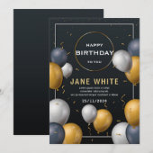 編集可能なブラックとゴールドの風船 大人の誕生日 招待状 (正面/裏面)