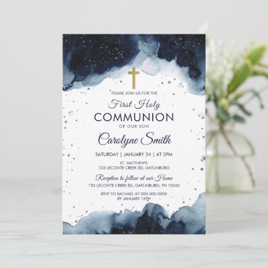編集可能なブルーウォーターカラー最初の聖体聖体少年 招待状 (スタンド正面)