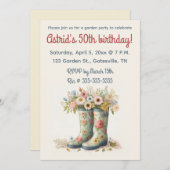 編集可能なブーツと花のガーデン誕生日パーティー 招待状 (正面/裏面)