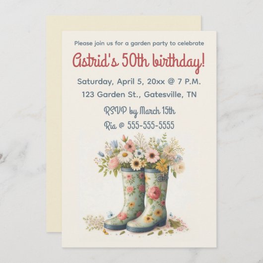 編集可能なブーツと花ガーデン誕生日パーティー 招待状 (正面/裏面)