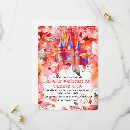 編集可能なプリンセスの4歳誕生日招待状 セーブザデート (正面/裏面インサイチュ)