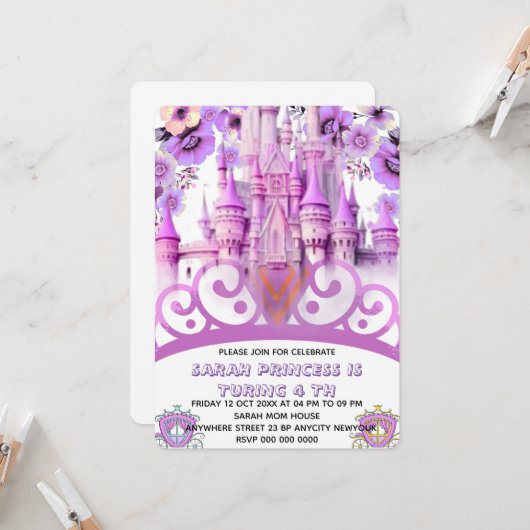 編集可能なプリンセスの4歳誕生日招待状 招待状 (正面/裏面インサイチュ)