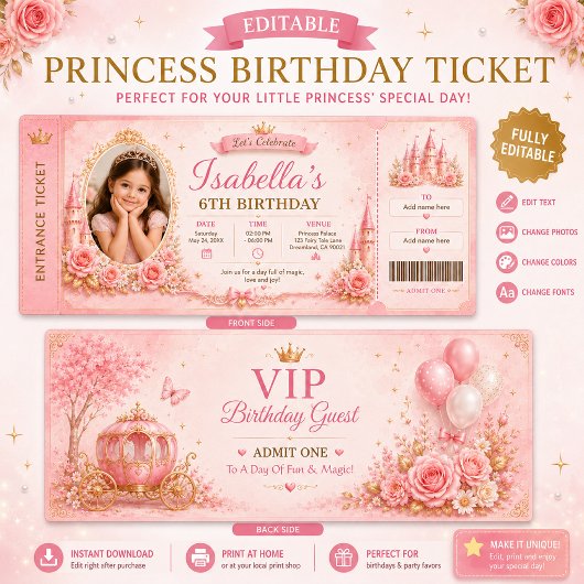 編集可能なプリンセス誕生日チケット招待状