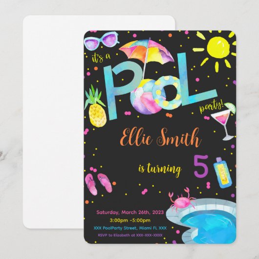 編集可能なプール誕生日招待 招待状 (正面/裏面)