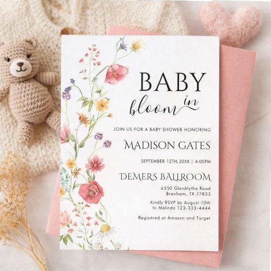 編集可能なベビーシャワーパーティー Baby in Bloom 招待状
