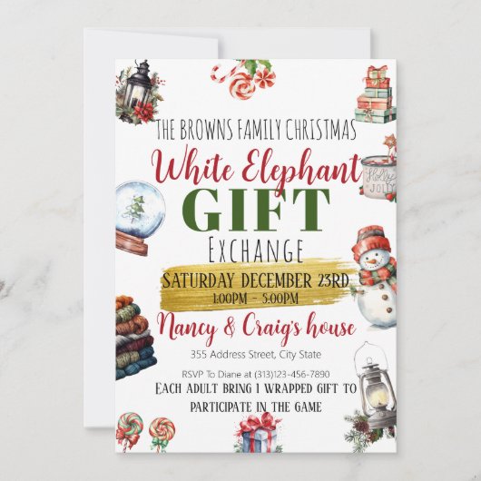 編集可能なホワイトエレファントギフト交換招待状 シーズンカード (正面)