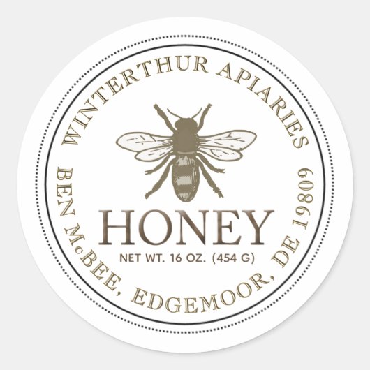 編集可能なホワイトハニーjarヴィンテージビーラベル ラウンドシール (正面)
