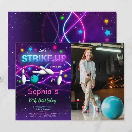 編集可能なボウリング写真招待状 招待状 (正面/裏面)