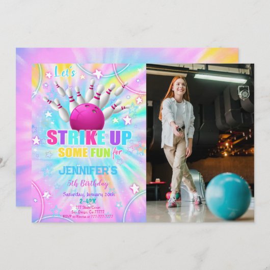編集可能なボウリング誕生日写真招待状 招待状 (正面/裏面)