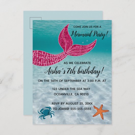 編集可能なマーメイドテールの海誕生日 インビテーションポストカード (正面/裏面)