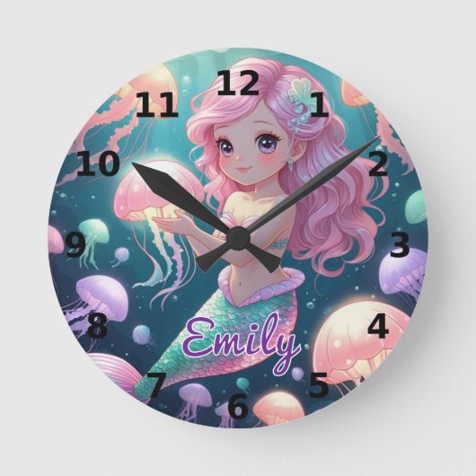 編集可能なマーメイド&クラゲの壁時計 ラウンド壁時計 (正面)