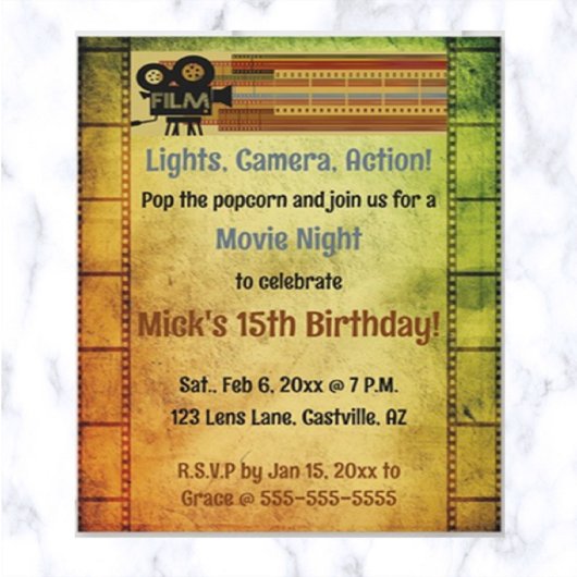 編集可能なムービーナイト誕生日パーティー 招待状
