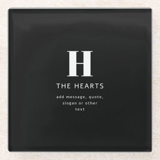 編集可能なモダンなイニシャル名とメッセージ | ブラック ガラスコースター (正面)