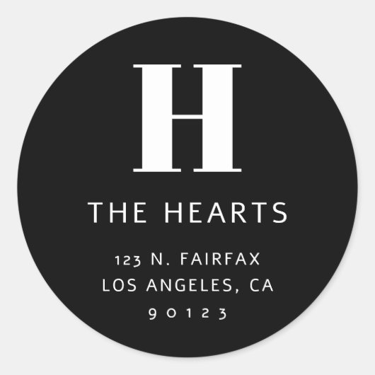 編集可能なモダンな返送先住所＆イニシャル | ブラック ラウンドシール (正面)